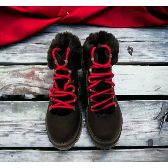 Sugar Womens Rolls Fuzzy Lug Sole Hiker Boots Size 7M Red Laces - Picture 8 of 16